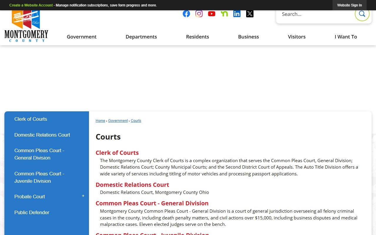 Montgomery County courts landing page listing court divisions