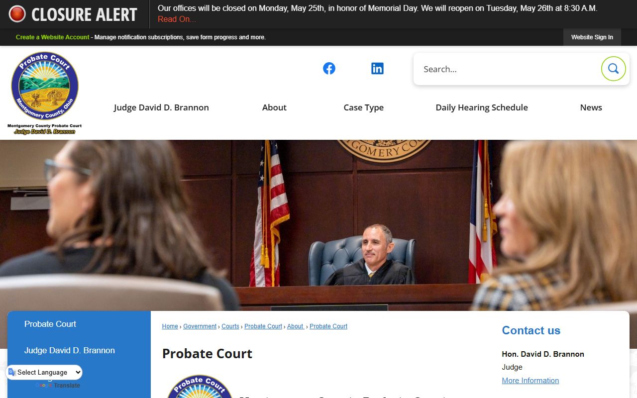 Montgomery County Probate Court home page with judge, hours, and links