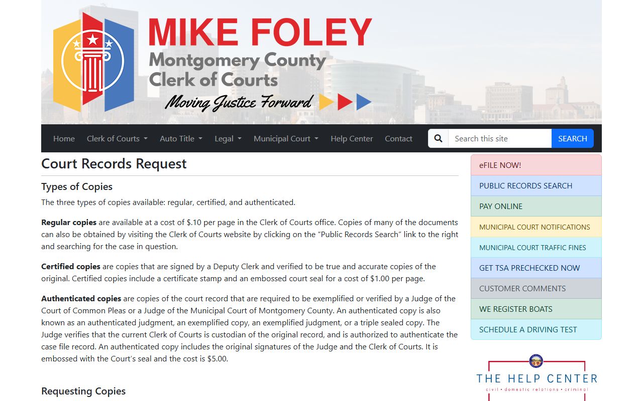 Montgomery County Clerk of Courts records request page with copy fees