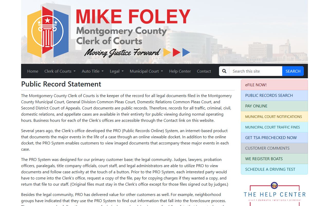 Montgomery County Clerk of Courts public record statement for the online portal