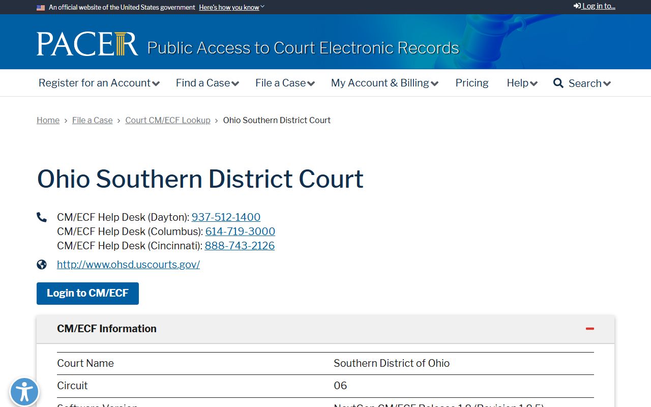PACER court information page for Montgomery County court dockets in the Southern District of Ohio