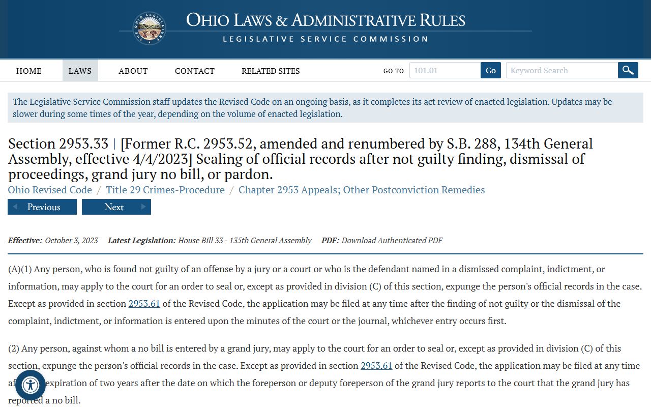 Montgomery County criminal records sealing after dismissal statute ORC 2953.33