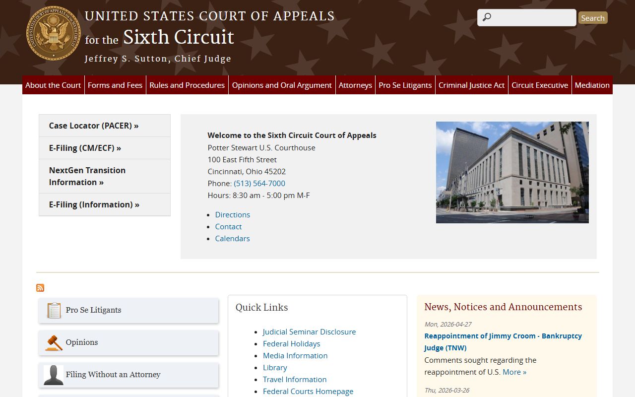 U.S. Court of Appeals for the Sixth Circuit hearing Montgomery County federal appeals