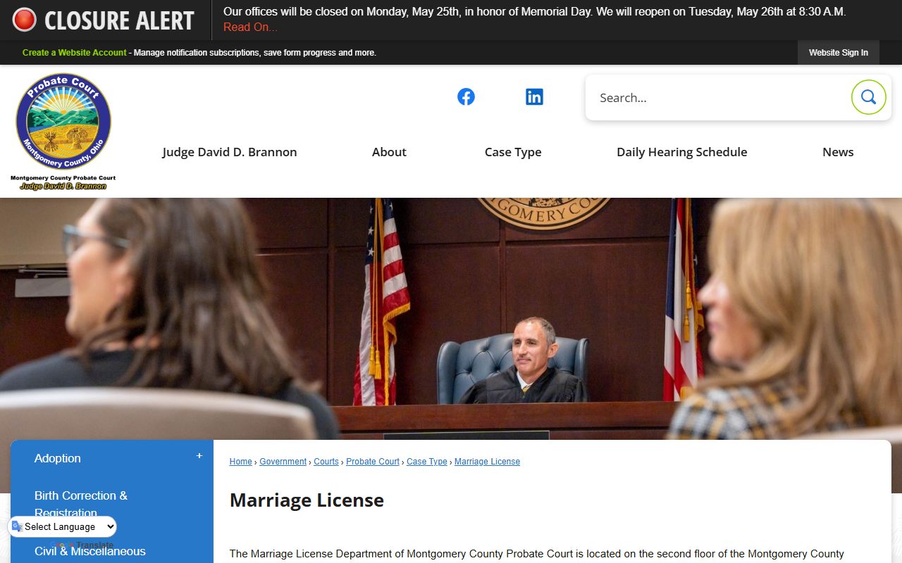 Montgomery County marriage license page at the Probate Court