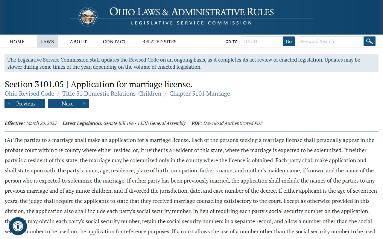 Ohio marriage license statute used for Montgomery County marriage records