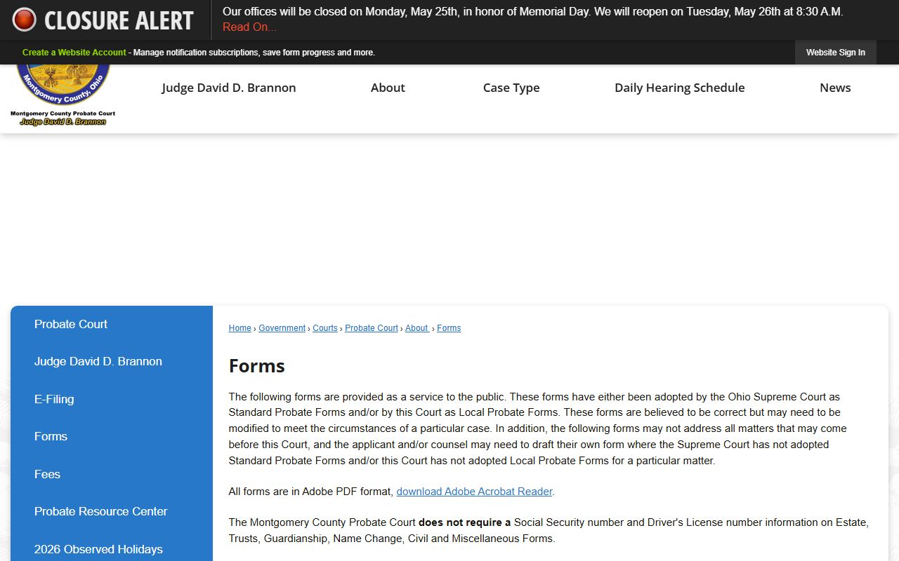 Montgomery County probate records forms library with standard and local probate PDFs