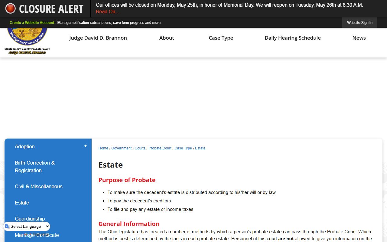Montgomery County probate records estate procedures page listing release and administration methods
